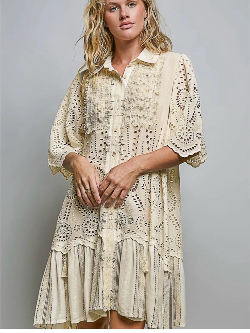 POL Cream Eyelet Button-Front Mini Dress - Picture 3 of 16